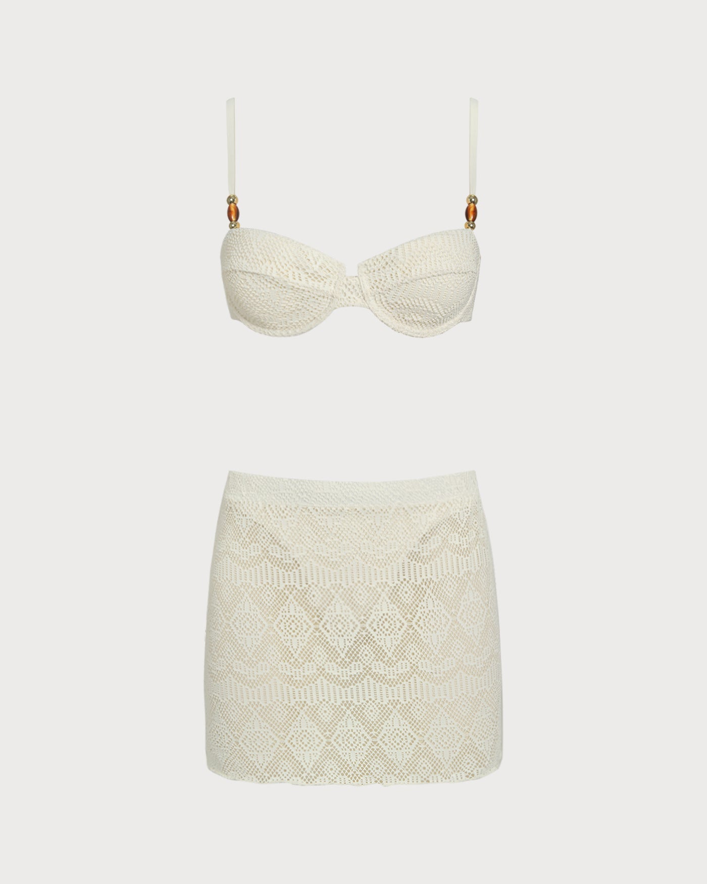 Textured White Underwire Three-Piece Lingerie Set