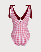 Wine Red Plaid Monokini Swimwear