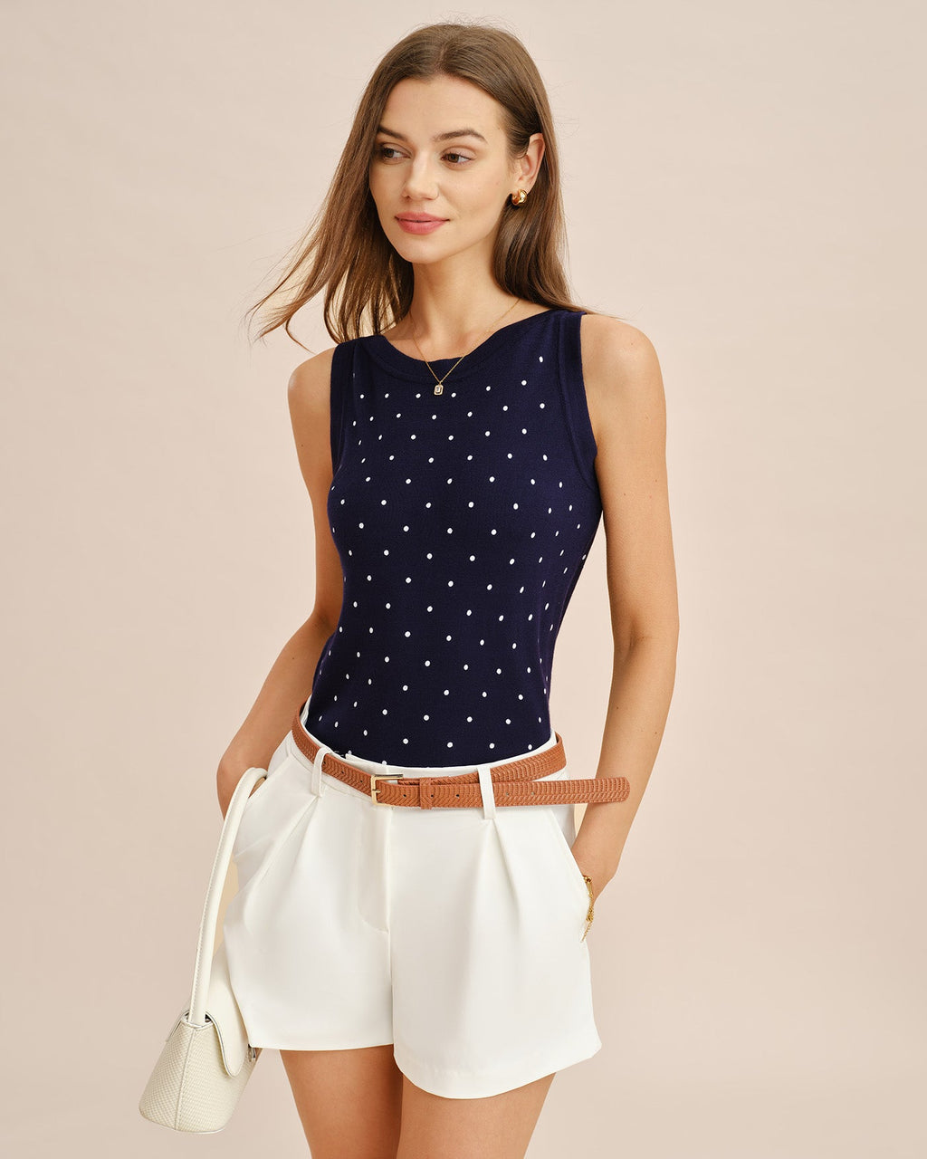 Polka Dot Tank Top with Blue Boat Neck