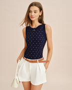 Polka Dot Tank Top with Blue Boat Neck