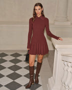 Coffee-Colored A-Line Pleated Sweater Dress