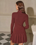 Coffee-Colored A-Line Pleated Sweater Dress