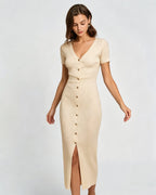 Apricot V-Neck Bodycon Midi Sweater Dress