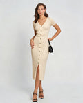 Apricot V-Neck Bodycon Midi Sweater Dress