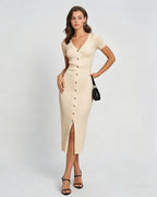Apricot V-Neck Bodycon Midi Sweater Dress