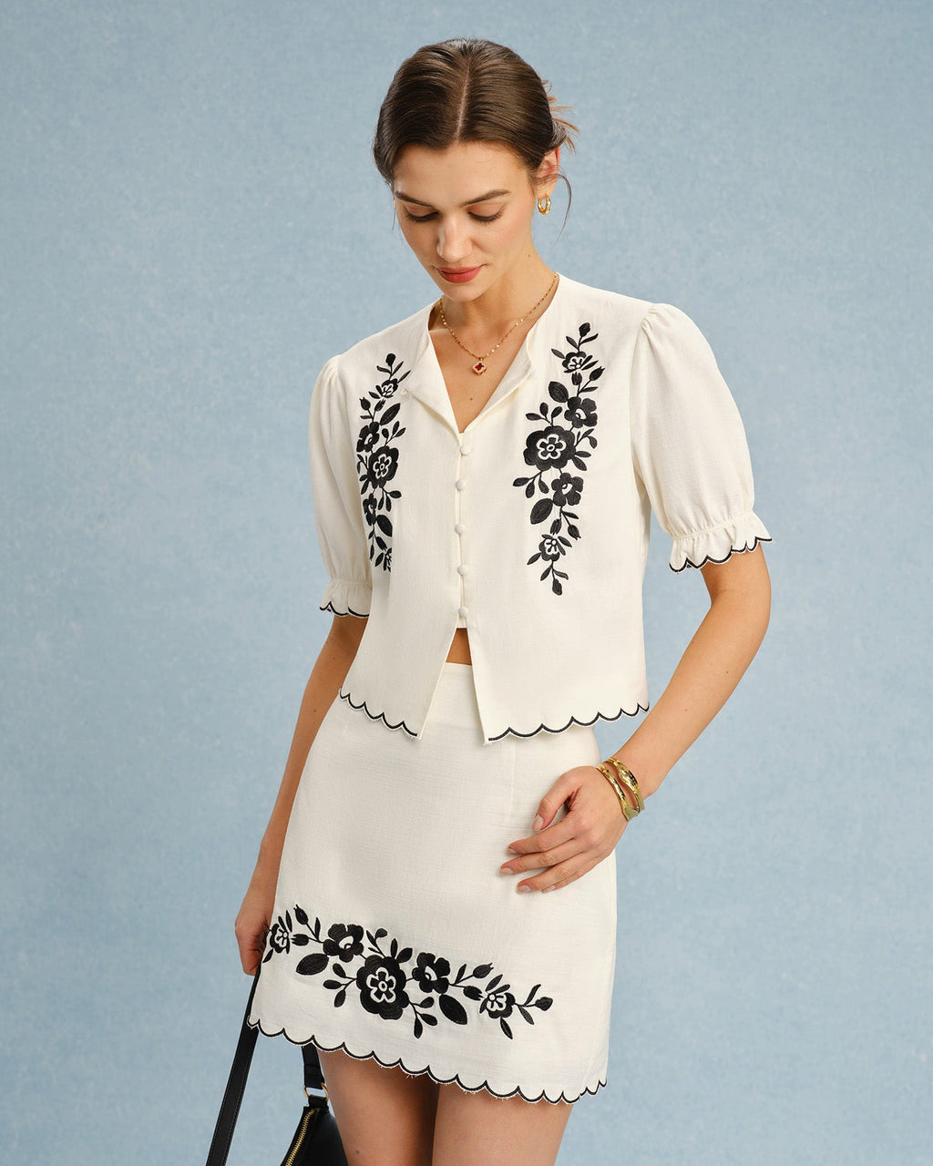 Beige Embroidered Blouse with Puffed Sleeves and Contrast Details
