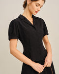 Button-Up Blouse with Black Embroidered Collar