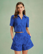 Textured Blue Blouse with Buttoned Collar