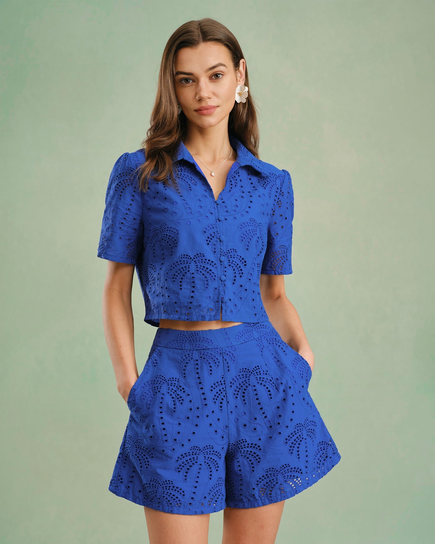 Textured Blue Blouse with Buttoned Collar