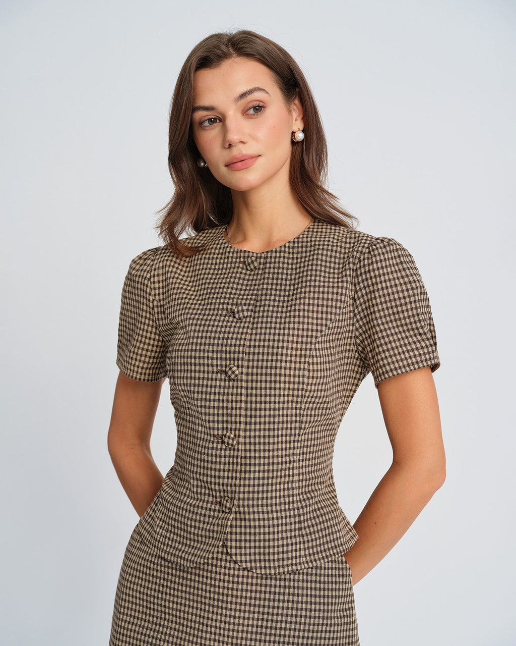 Brown Checkered Puff Sleeve Top
