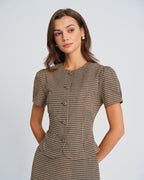 Brown Checkered Puff Sleeve Top