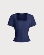 Navy Square Neck Button-Up Top