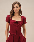 Red Square Neck Blouse with Cross Tie Detail