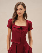 Red Square Neck Blouse with Cross Tie Detail