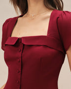 Red Square Neck Blouse with Cross Tie Detail