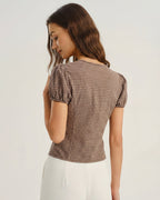Plaid Blouse with Puffed Sleeves and V-Neck in Brown