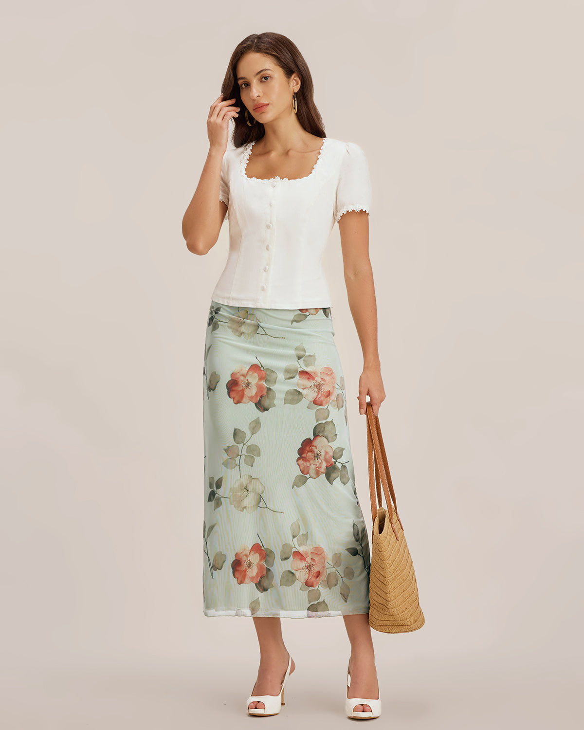 White Lace Blouse with Square Neck and Button Details