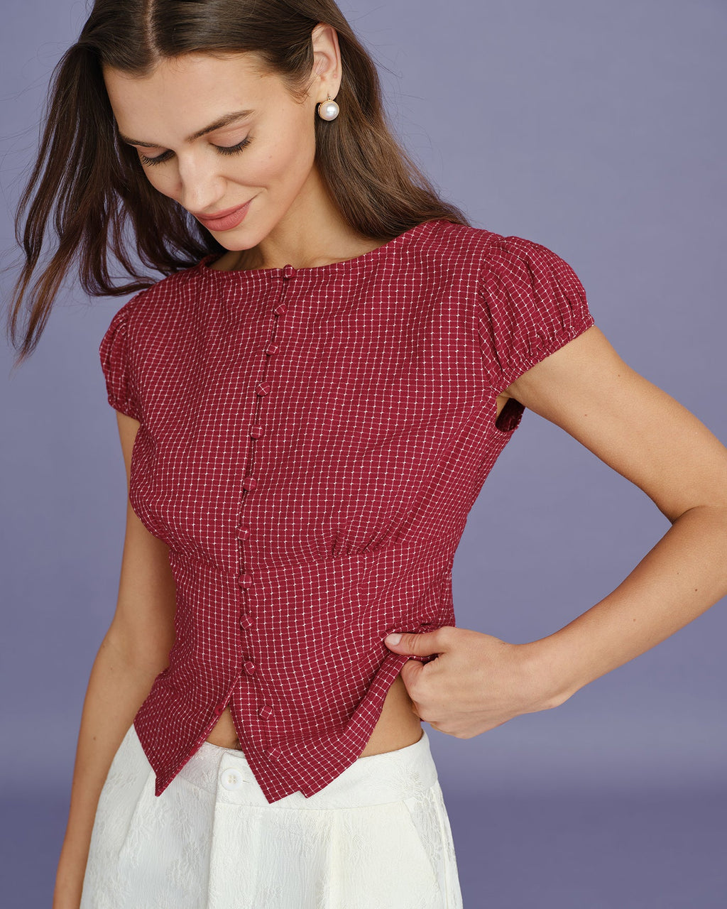 Crimson Plaid Boat Neck Top