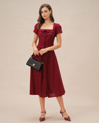 Red Square Neck Blouse with Cross Tie Detail