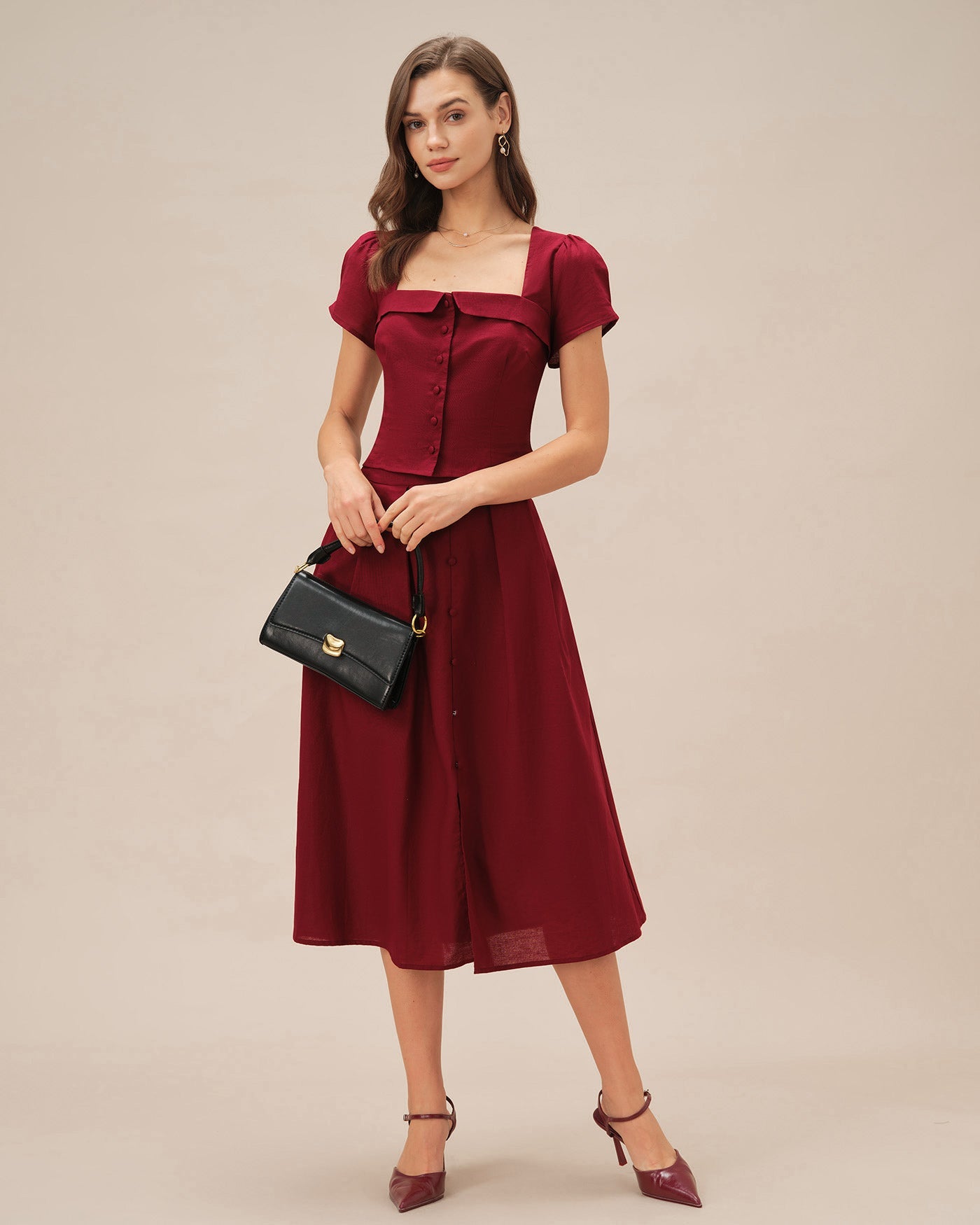 Red Square Neck Blouse with Cross Tie Detail
