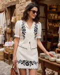 Beige Embroidered Blouse with Puffed Sleeves and Contrast Details