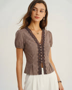 Plaid Blouse with Puffed Sleeves and V-Neck in Brown