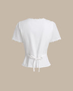 White Lace Blouse with Square Neck and Button Details