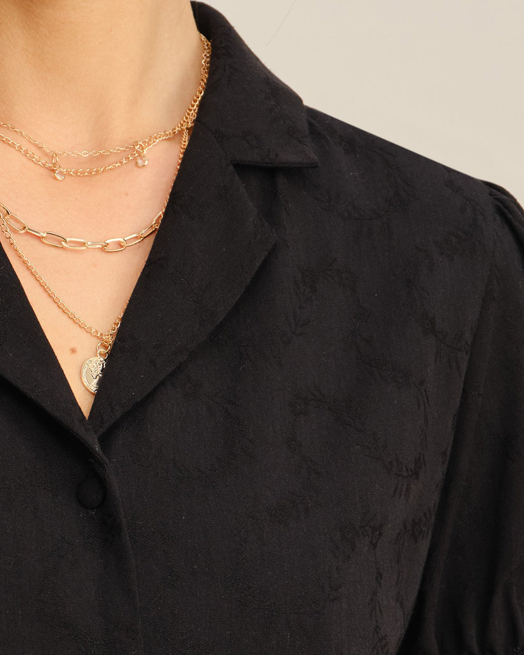 Button-Up Blouse with Black Embroidered Collar