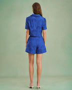 Textured Blue Blouse with Buttoned Collar