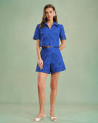 Textured Blue Blouse with Buttoned Collar