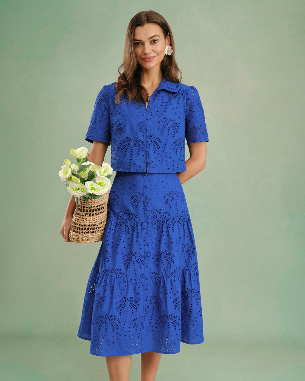 Textured Blue Blouse with Buttoned Collar