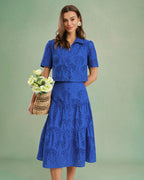 Textured Blue Blouse with Buttoned Collar