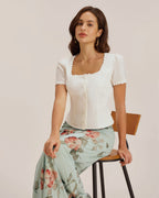White Lace Blouse with Square Neck and Button Details