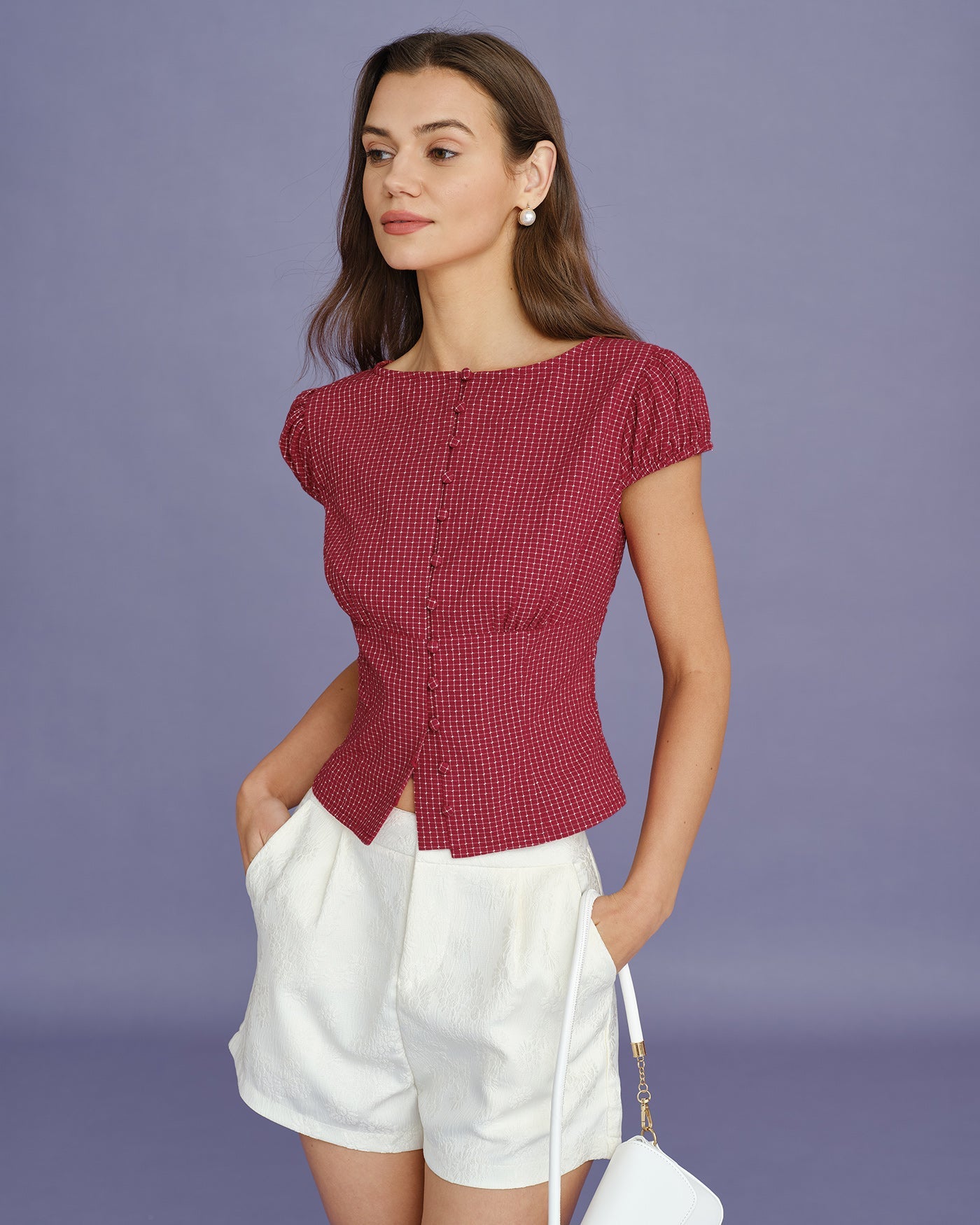 Crimson Plaid Boat Neck Top