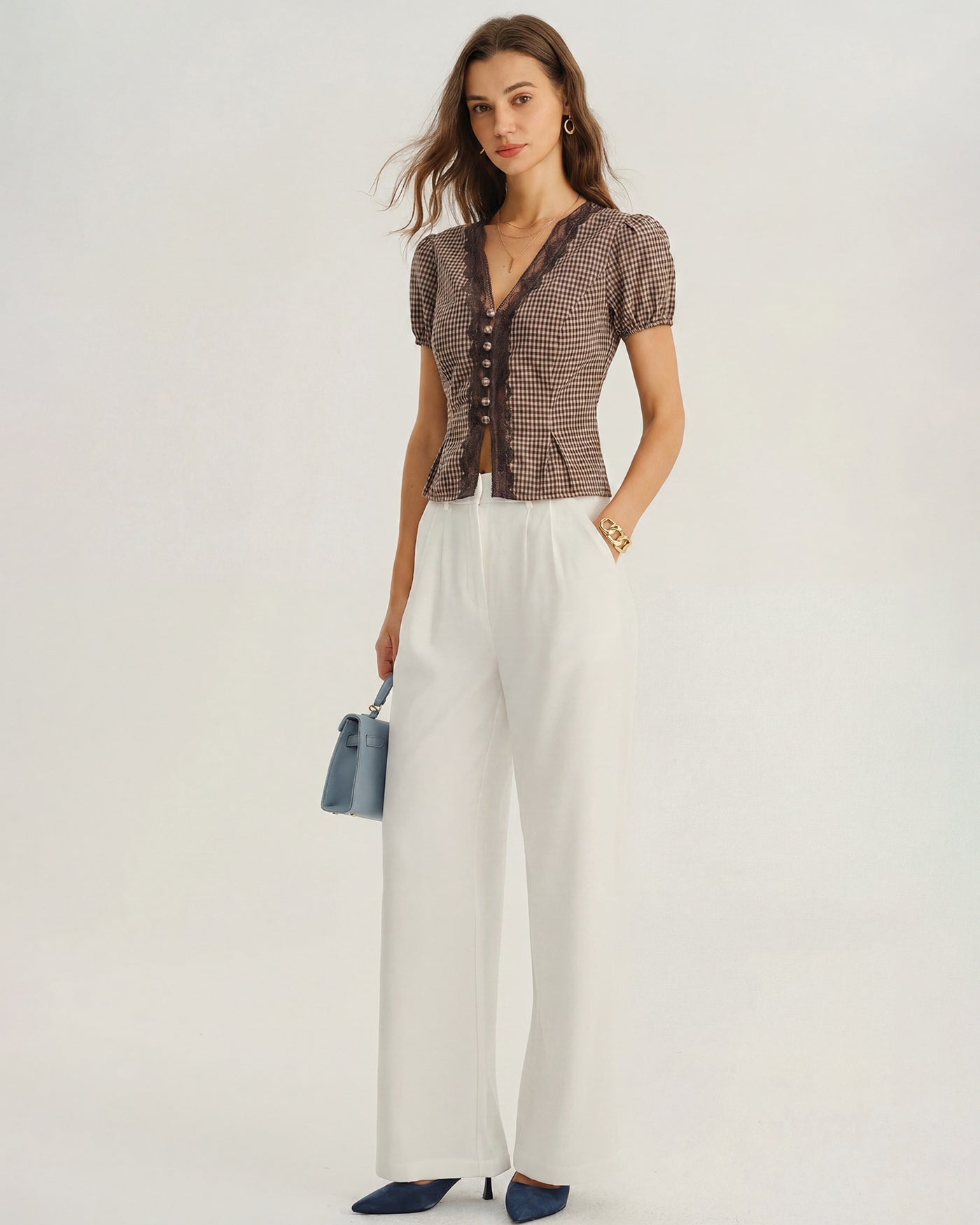 Plaid Blouse with Puffed Sleeves and V-Neck in Brown