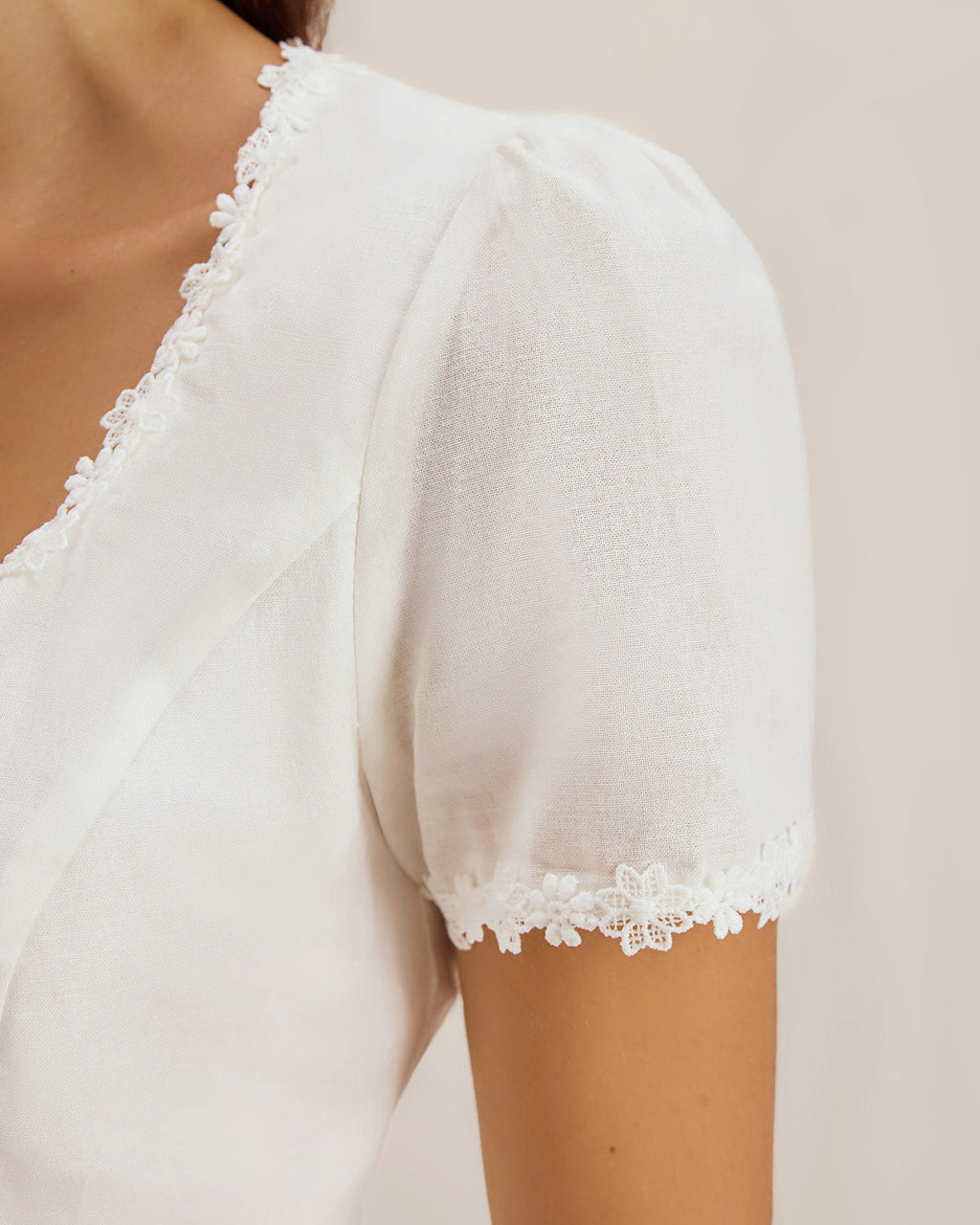 White Lace Blouse with Square Neck and Button Details