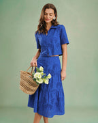 Textured Blue Blouse with Buttoned Collar