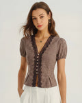 Plaid Blouse with Puffed Sleeves and V-Neck in Brown
