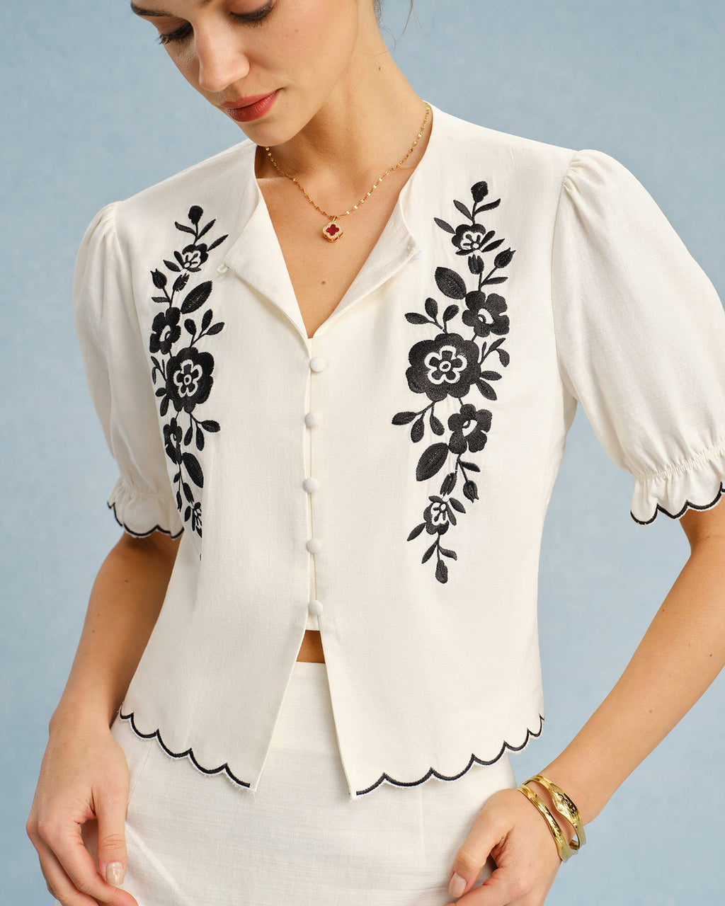 Beige Embroidered Blouse with Puffed Sleeves and Contrast Details