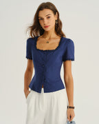 Navy Square Neck Button-Up Top