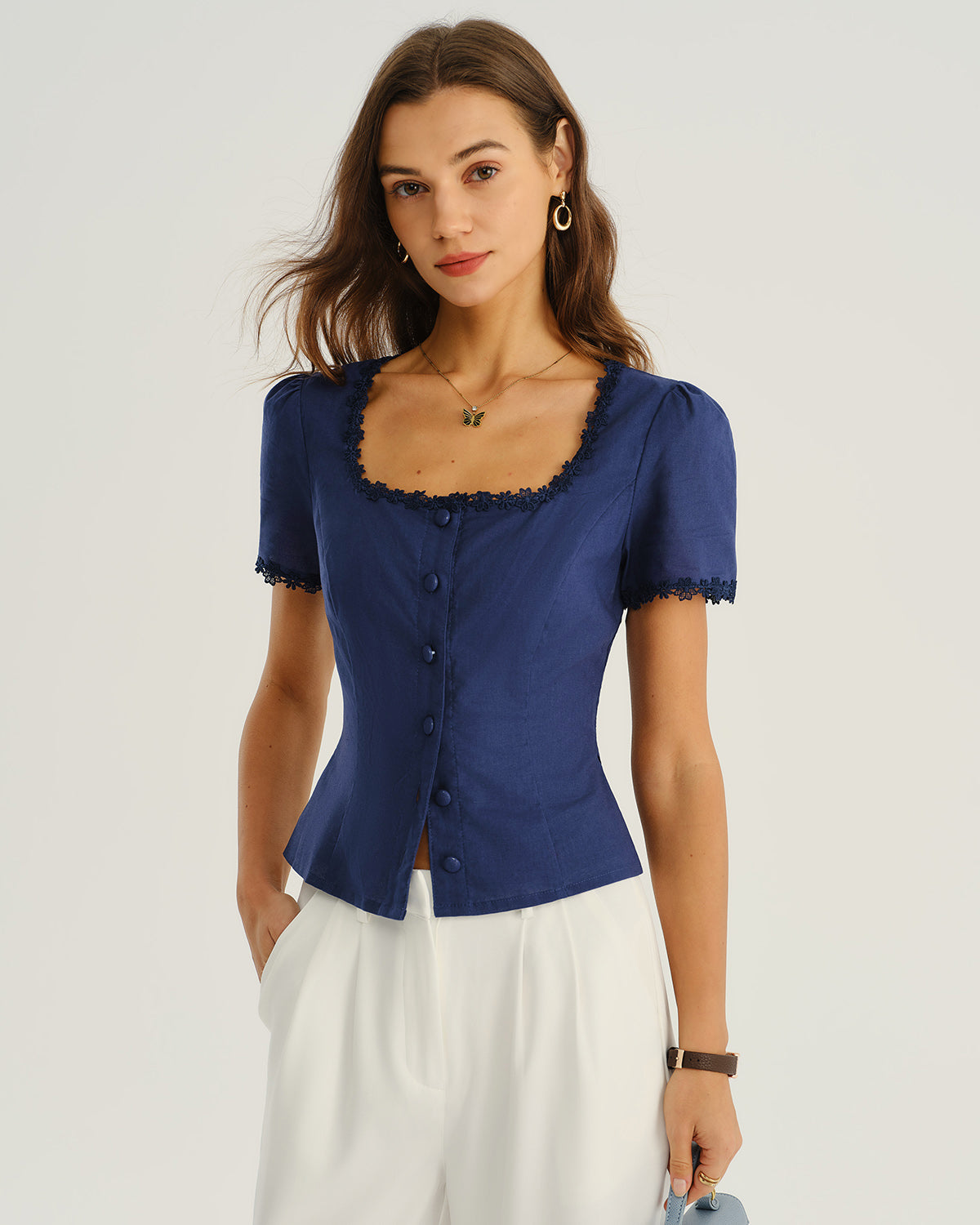 Navy Square Neck Button-Up Top