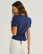 Navy Square Neck Button-Up Top