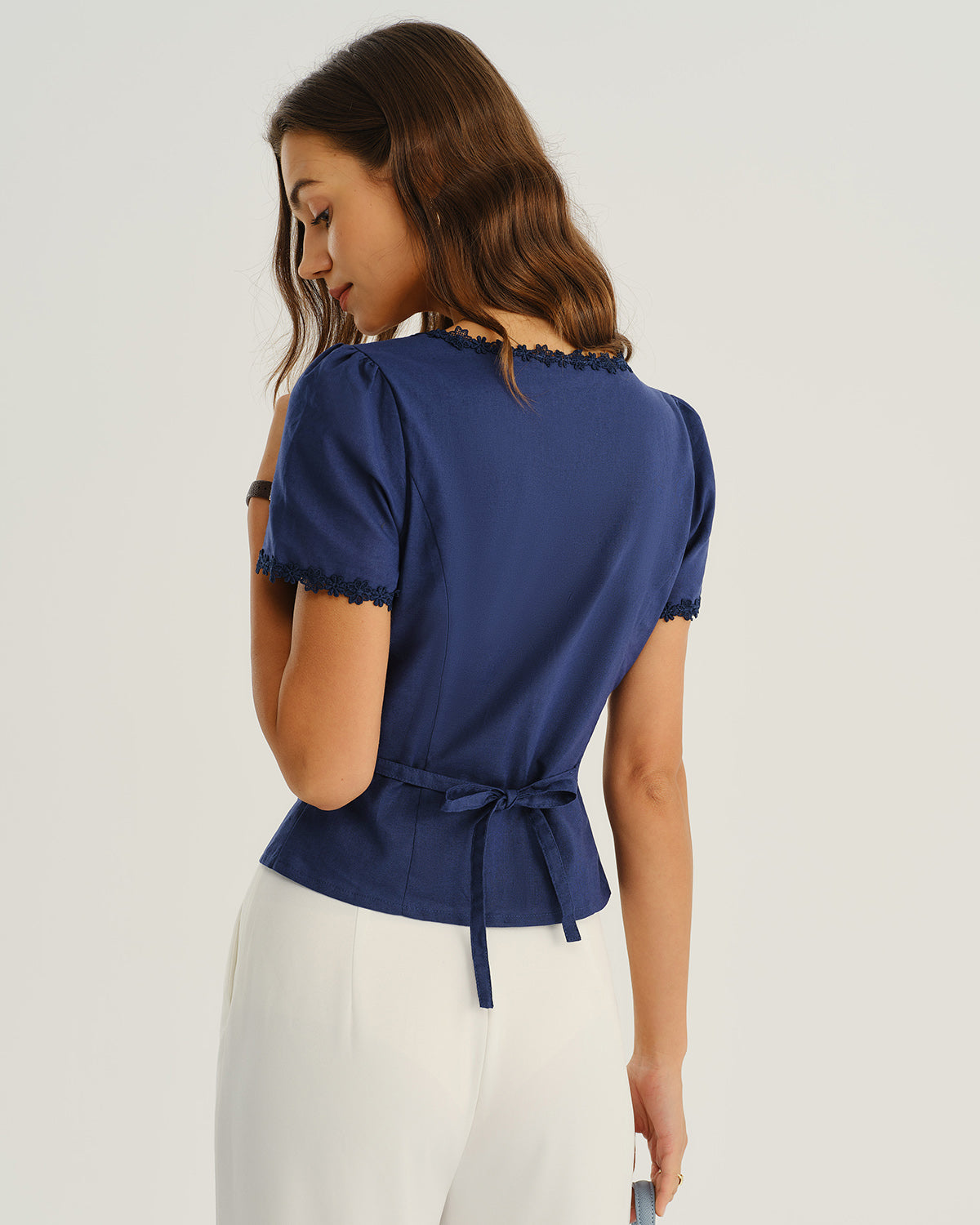 Navy Square Neck Button-Up Top