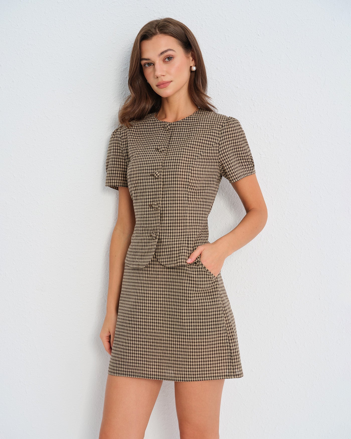 Brown Checkered Puff Sleeve Top