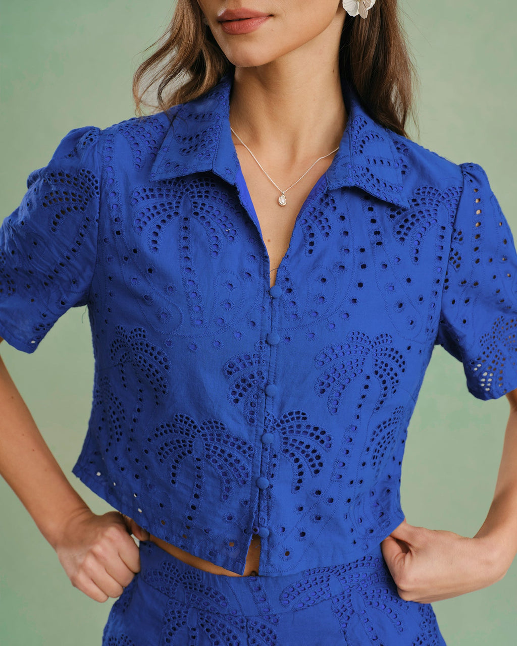 Textured Blue Blouse with Buttoned Collar