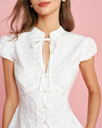 Embroidered White Blouse with Mandarin Collar