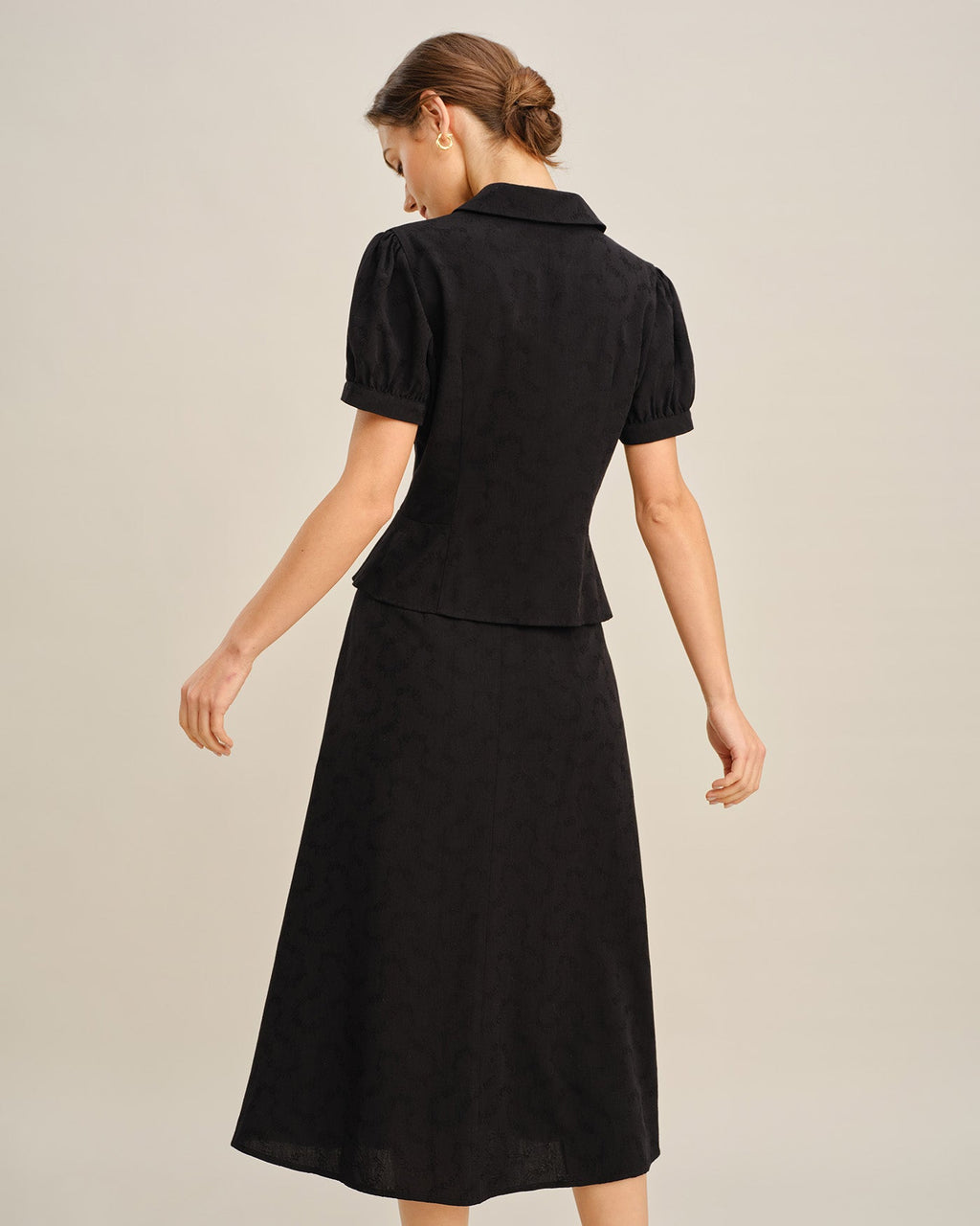 Button-Up Blouse with Black Embroidered Collar