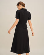 Button-Up Blouse with Black Embroidered Collar