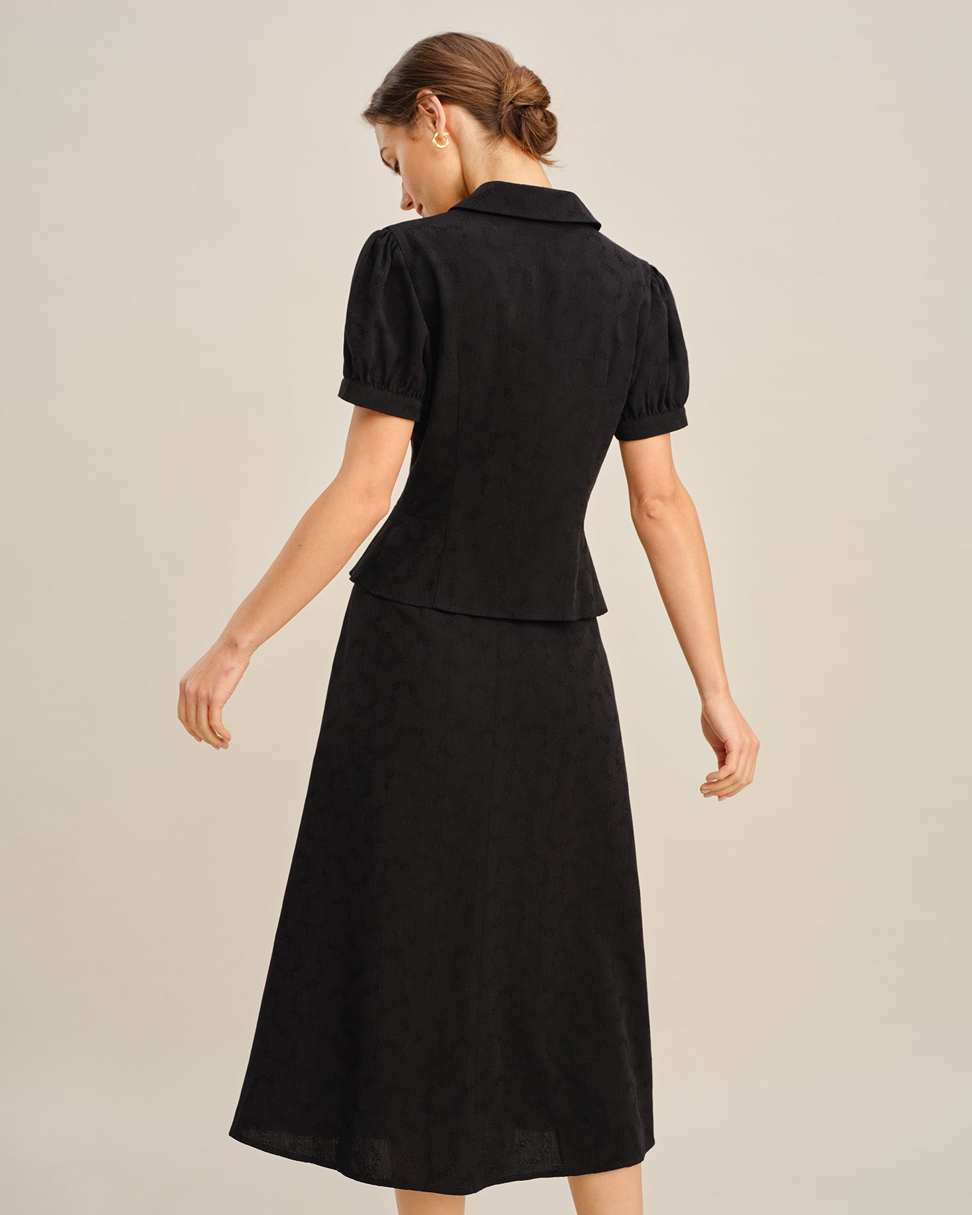 Button-Up Blouse with Black Embroidered Collar