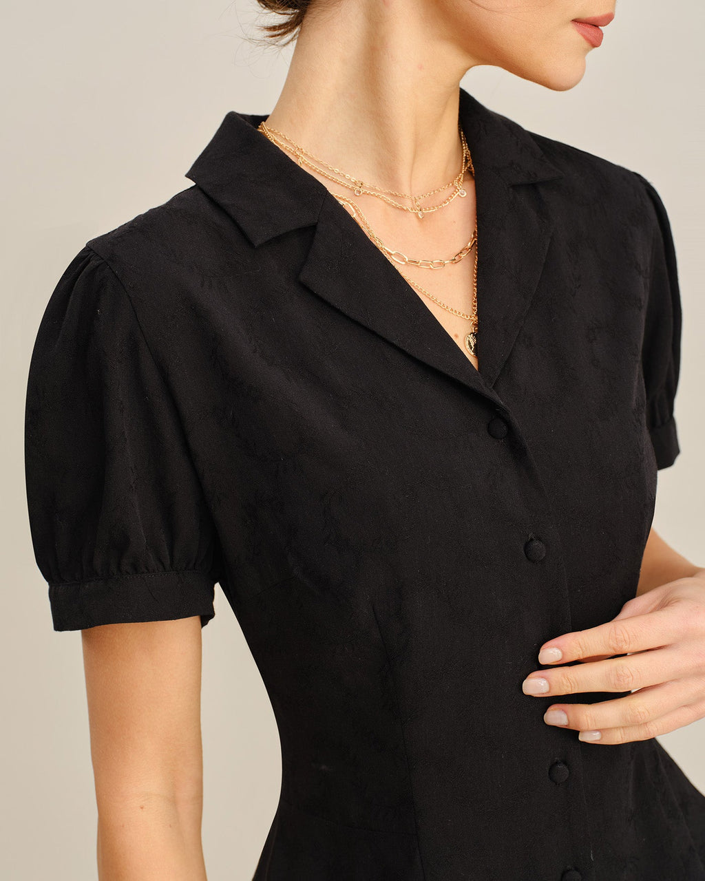 Button-Up Blouse with Black Embroidered Collar